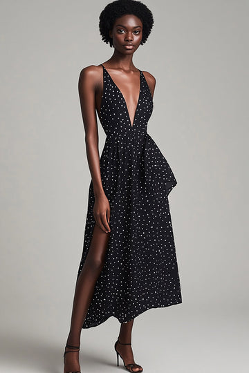 Svart Djup V-ringad Midi Vit Polka Dots Sommar Cocktail Klänning med Slits